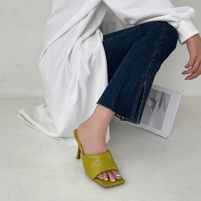 Eilyken Summer New Women Slipper Peep Toe Thin High Heel Sandal Shoes Ladies High Quality PU Leather Slides Pumps