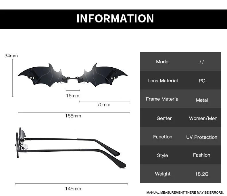 Fashion Rimless Men Sunglasses Women Trendy Bat Shaped Sun Glasses Female Male Vintage Black Mirror Shades Metal Oculos De Sol