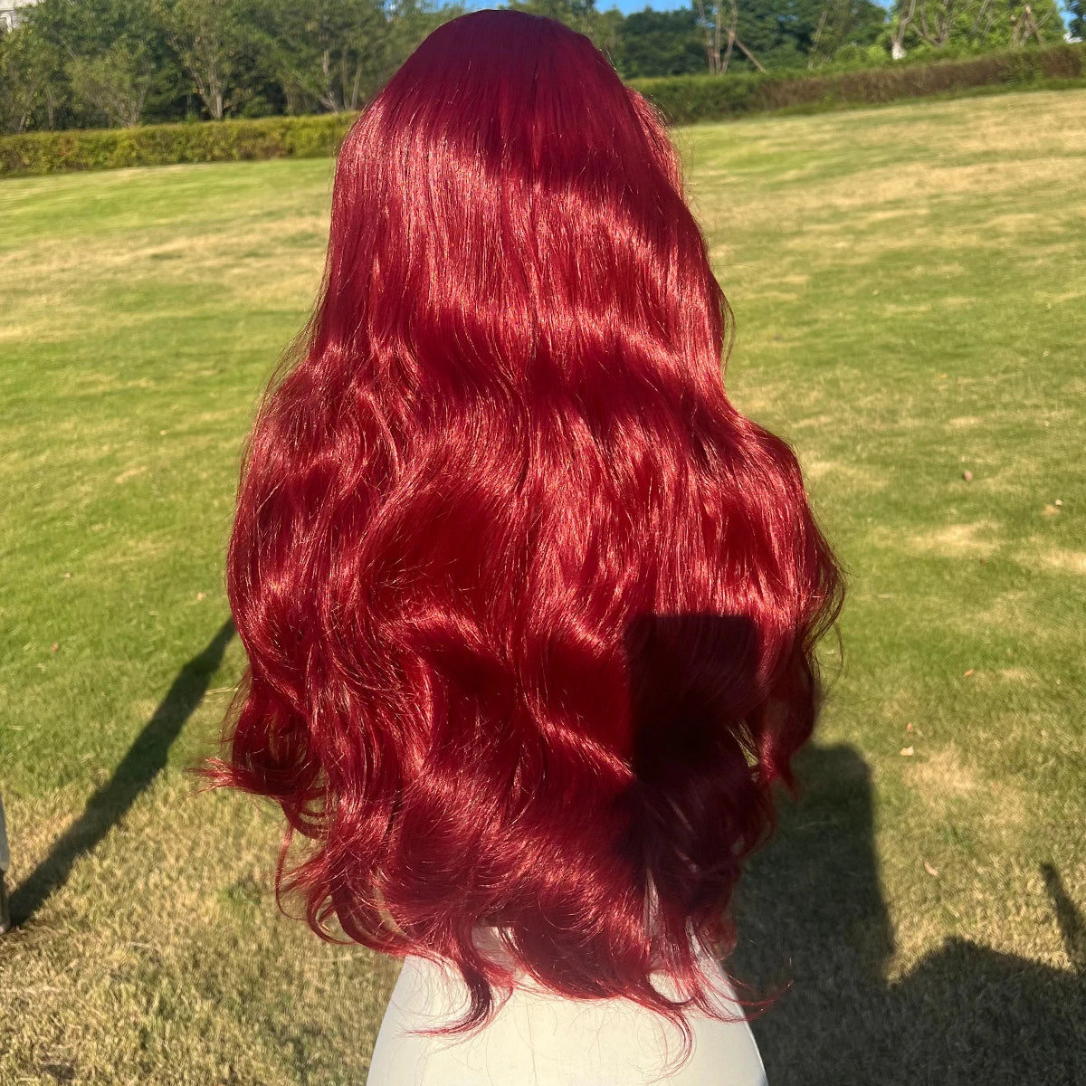 Factory Wholesale Price Natural Wine Red Lace Synthetic Heat-resistant Wavy Hair Without Bangs Wavy Wig. SM9827