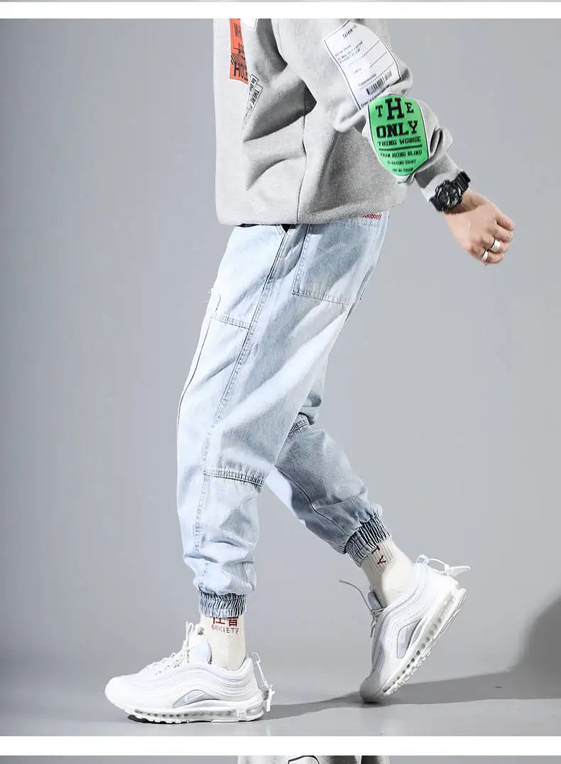 Korean Fashion Ankle Banded Denim Men Jeans Black Gray Cargo Pants for Men Elastic Baggy Harem Pants Streetwear Hip Hop Jeans