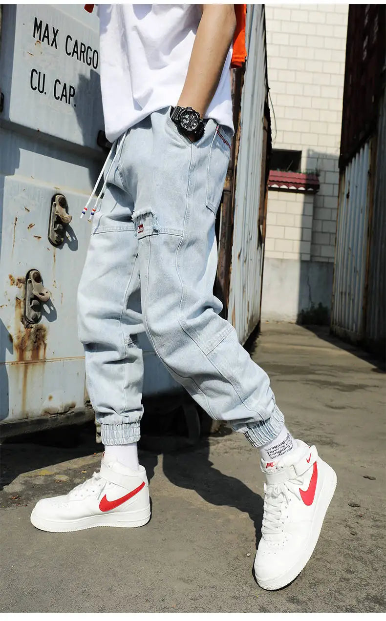 Korean Fashion Ankle Banded Denim Men Jeans Black Gray Cargo Pants for Men Elastic Baggy Harem Pants Streetwear Hip Hop Jeans