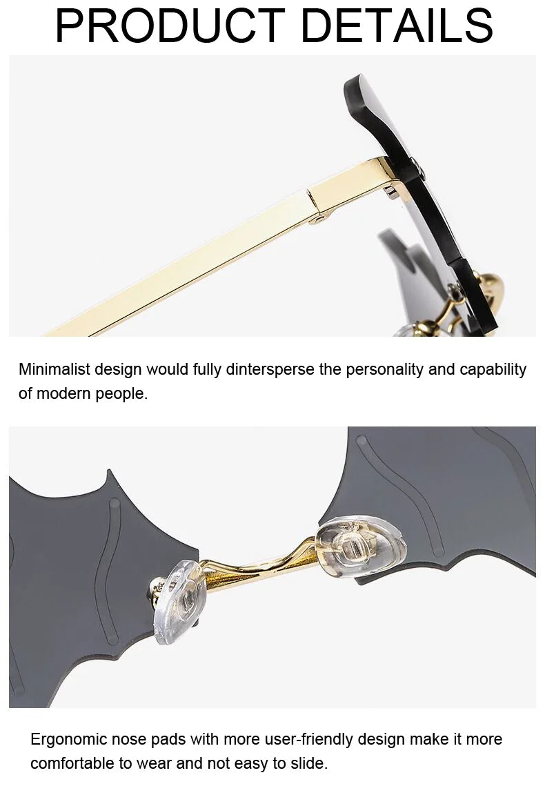 Fashion Rimless Men Sunglasses Women Trendy Bat Shaped Sun Glasses Female Male Vintage Black Mirror Shades Metal Oculos De Sol