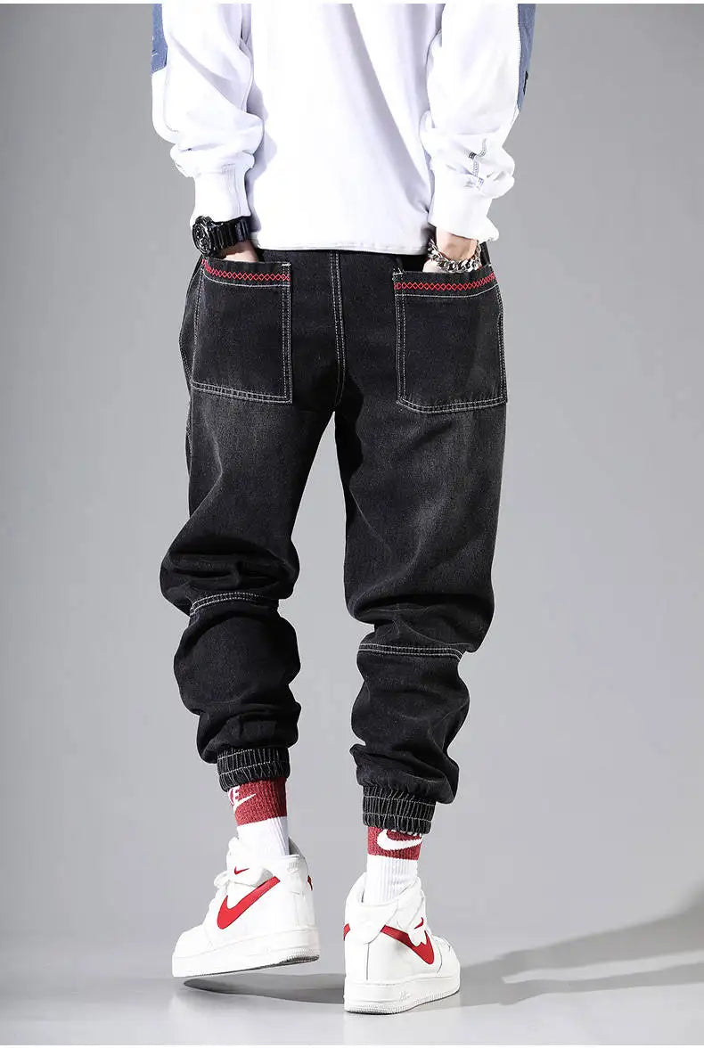 Korean Fashion Ankle Banded Denim Men Jeans Black Gray Cargo Pants for Men Elastic Baggy Harem Pants Streetwear Hip Hop Jeans