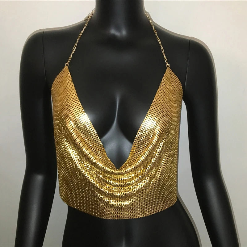 AKYZO Women 2025 Sexy Metal Sequined Tank Camis Summer Gold Silver Backless Cropped Glitter Beach Club Show Wear Tank Tops