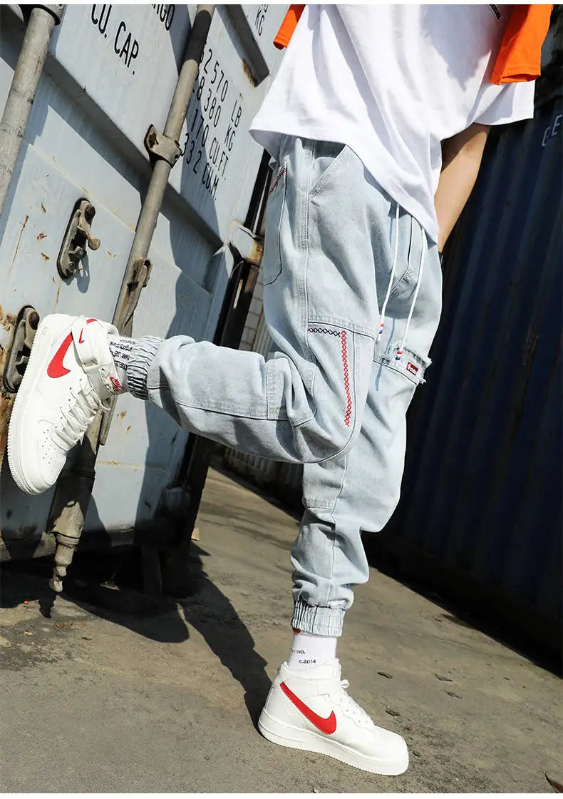 Korean Fashion Ankle Banded Denim Men Jeans Black Gray Cargo Pants for Men Elastic Baggy Harem Pants Streetwear Hip Hop Jeans