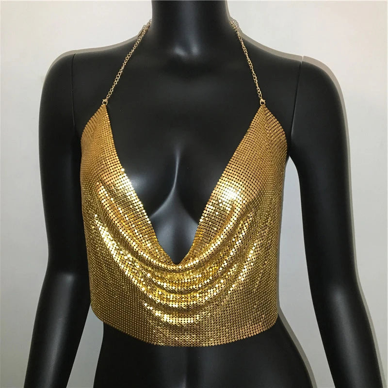 AKYZO Women 2025 Sexy Metal Sequined Tank Camis Summer Gold Silver Backless Cropped Glitter Beach Club Show Wear Tank Tops