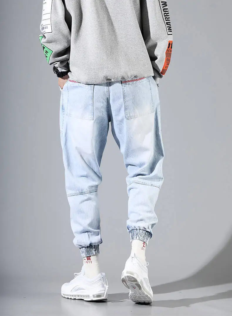 Korean Fashion Ankle Banded Denim Men Jeans Black Gray Cargo Pants for Men Elastic Baggy Harem Pants Streetwear Hip Hop Jeans