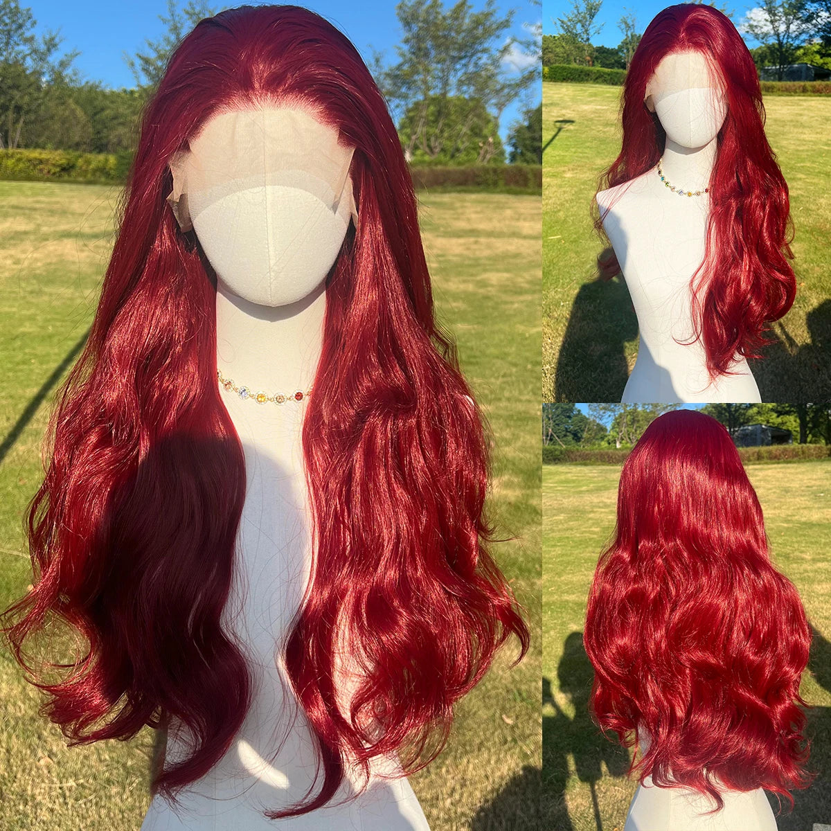 Factory Wholesale Price Natural Wine Red Lace Synthetic Heat-resistant Wavy Hair Without Bangs Wavy Wig. SM9827