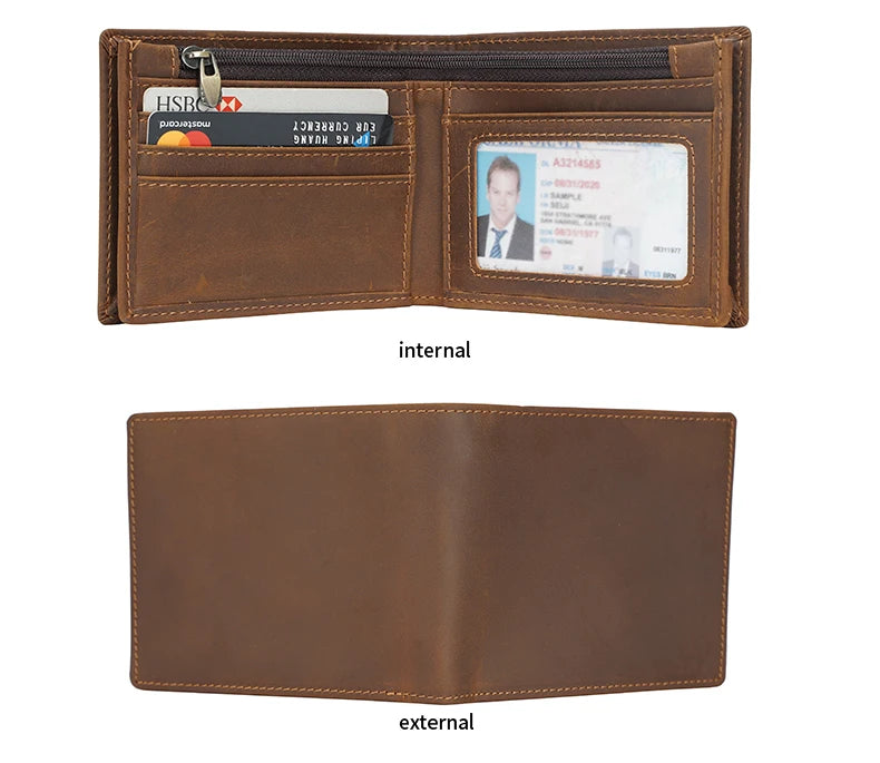 High Quality Hot Sale RFID Blocking Custom Genuine Cow Leather Short Zipper Men Wallet Dark Brown Crazy Horse Leather Wallet