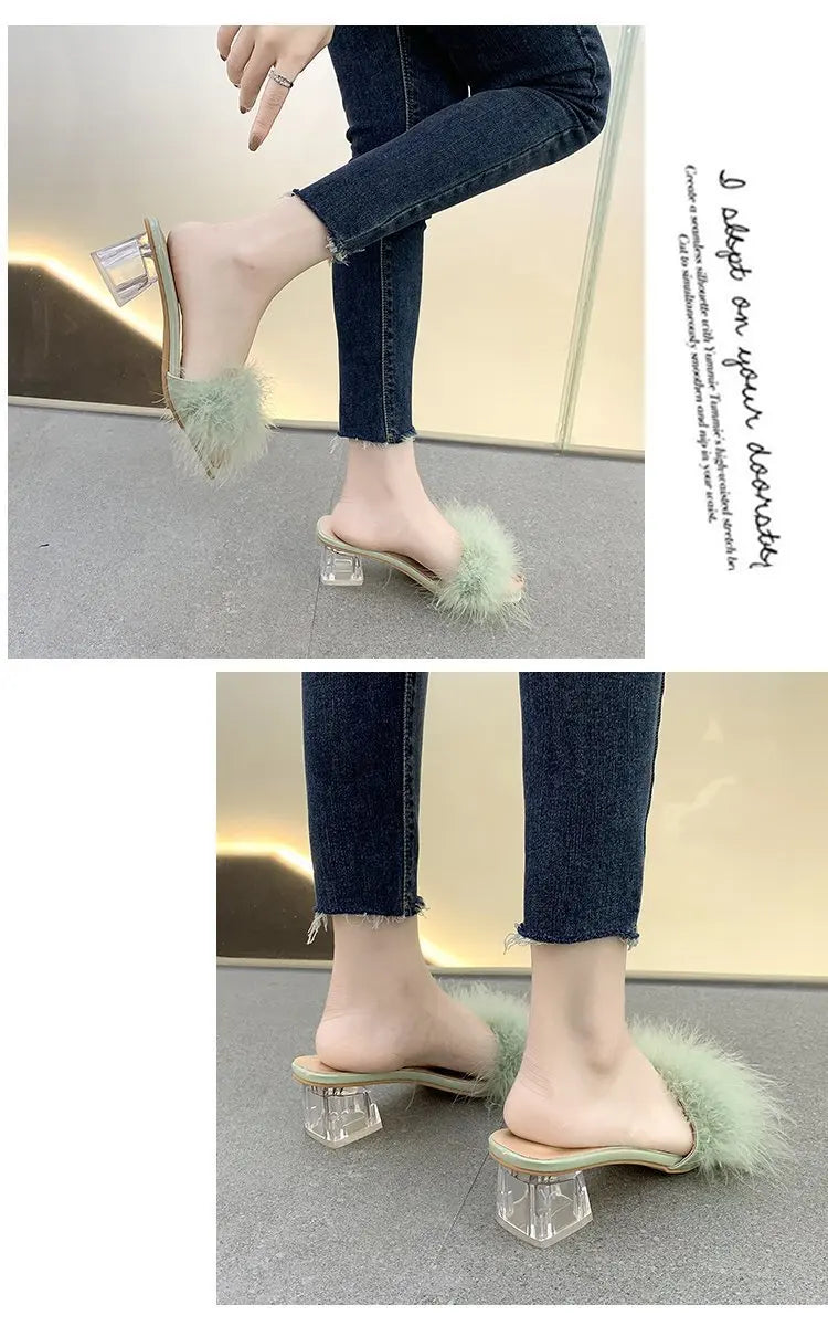 Mules Sandal Women Summer Outdoor Fashion Slippers Square Toe High Heels Office Ladies Feather Slides Chic Classics Furry Shoes