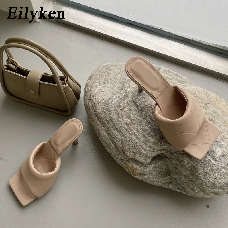 Eilyken Summer New Women Slipper Peep Toe Thin High Heel Sandal Shoes Ladies High Quality PU Leather Slides Pumps