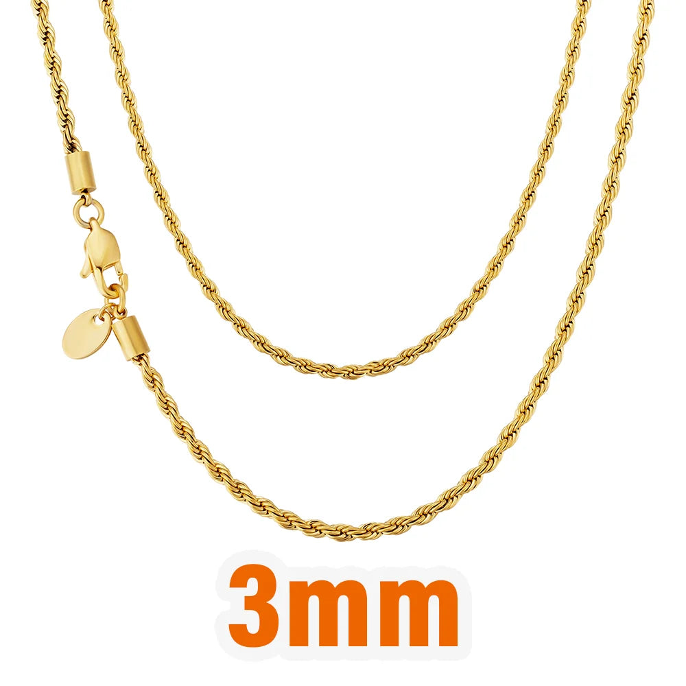 USA Warehouse 3mm Rope Necklace Fashion Jewelry Stainless Steel Twist Link 18k Real Gold Silver Plated Rope Chain for Men Women