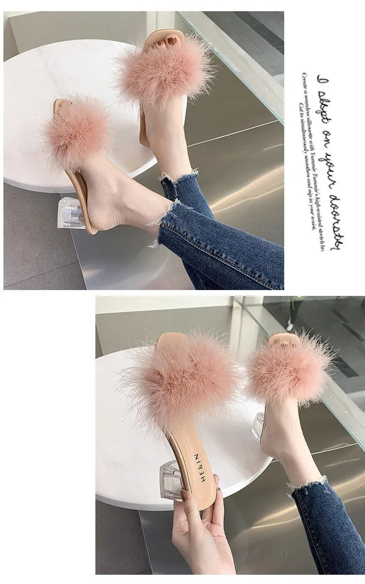 Mules Sandal Women Summer Outdoor Fashion Slippers Square Toe High Heels Office Ladies Feather Slides Chic Classics Furry Shoes