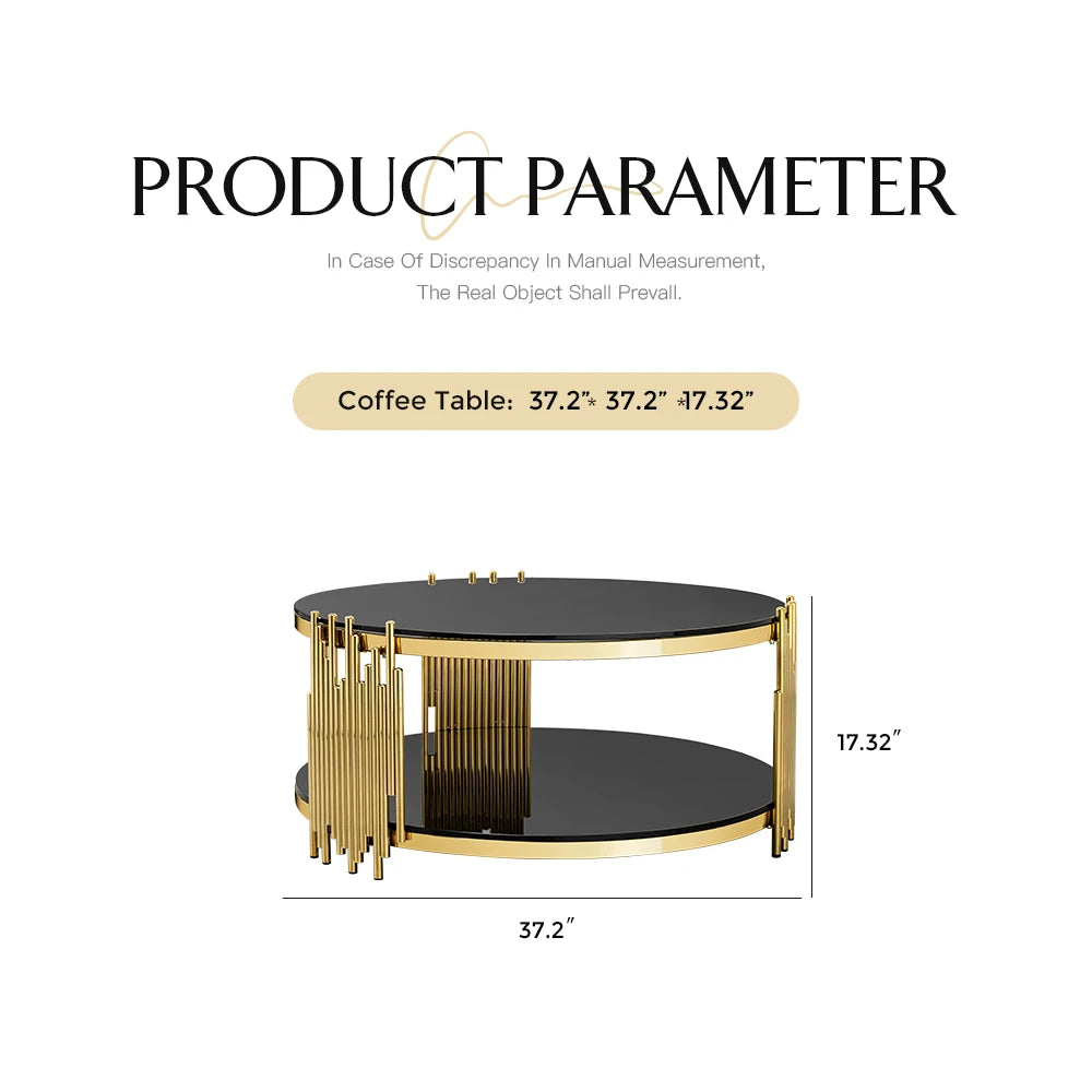Hotel Luxury Round Shape Glass Top Coffee Table Round for Living Room Black and Gold Home Furniture Stainless Steel Tea Table