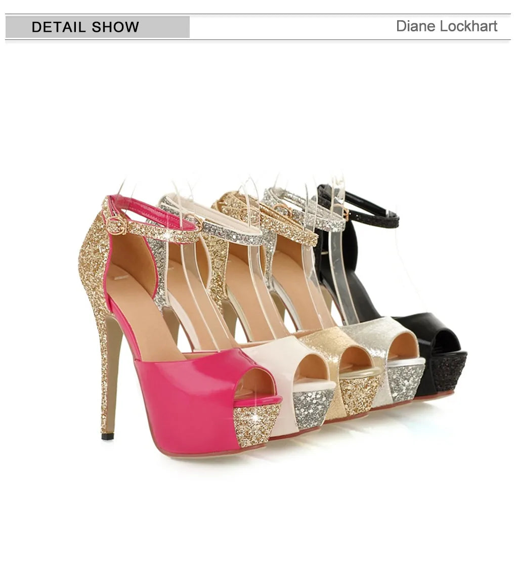 2025 New Fish mouth Head Sandals Women Summer Shoes Sequins Sandals Female 13cm Fine Heel Platform High Heels Sexy Female Sandal