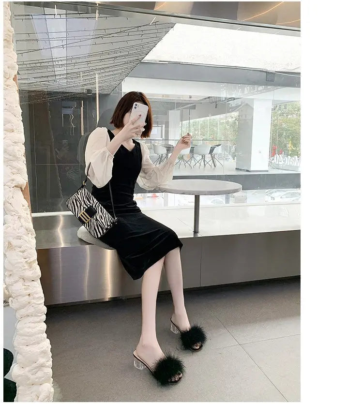 Mules Sandal Women Summer Outdoor Fashion Slippers Square Toe High Heels Office Ladies Feather Slides Chic Classics Furry Shoes