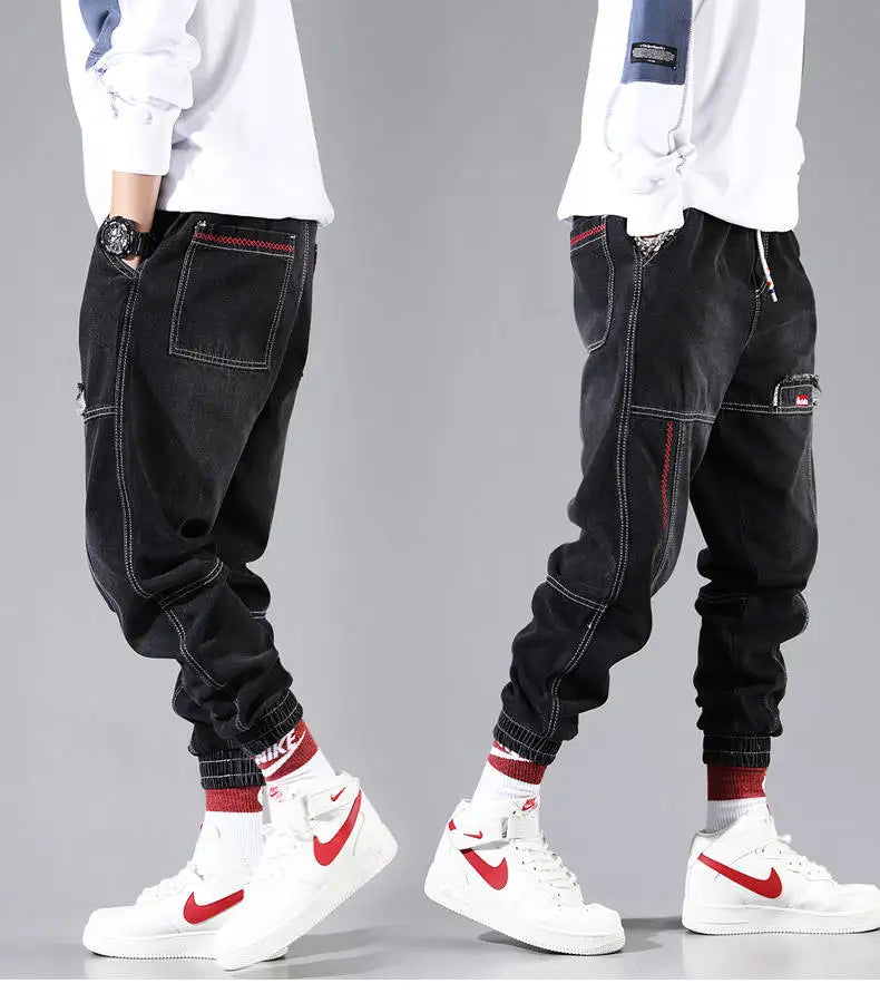 Korean Fashion Ankle Banded Denim Men Jeans Black Gray Cargo Pants for Men Elastic Baggy Harem Pants Streetwear Hip Hop Jeans