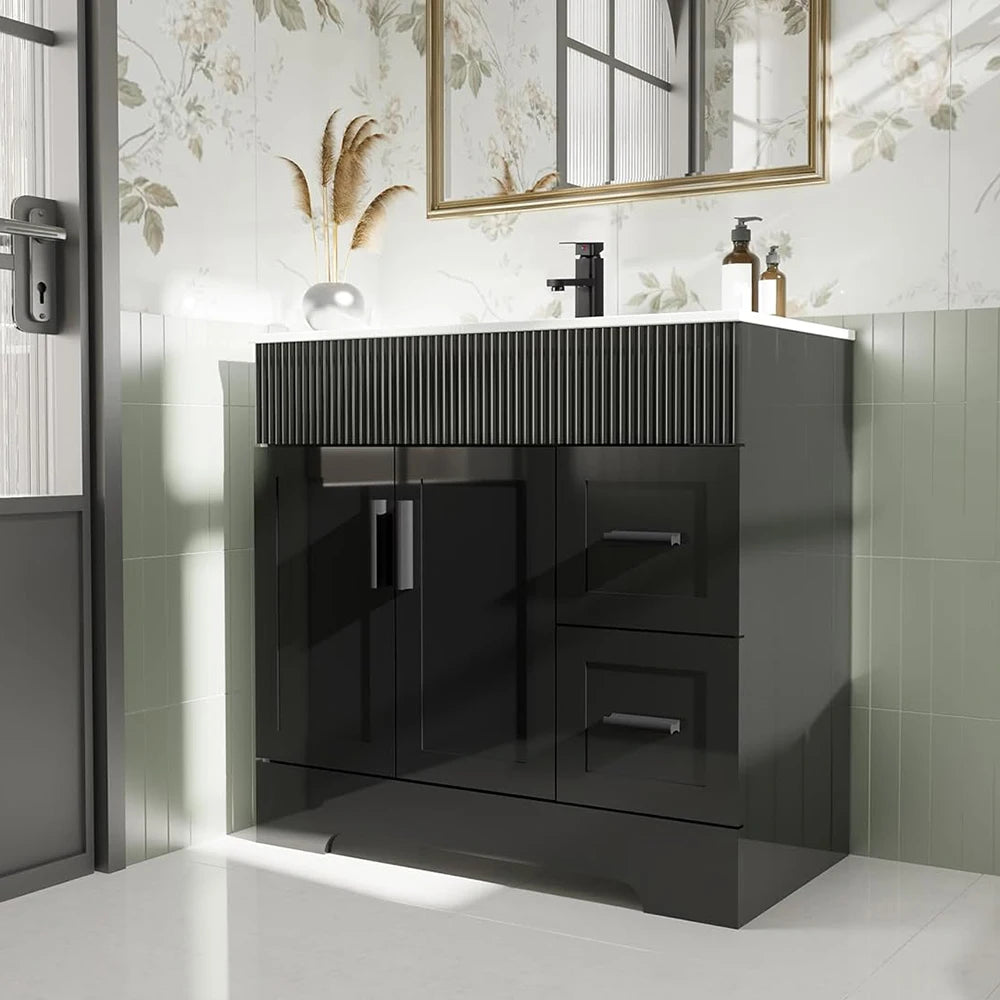 36" Green Bathroom Vanities Combo Set Wave Lines Modern Bathroom Cabinet Vanity Modern Style Bathroom Cabinets for Sale