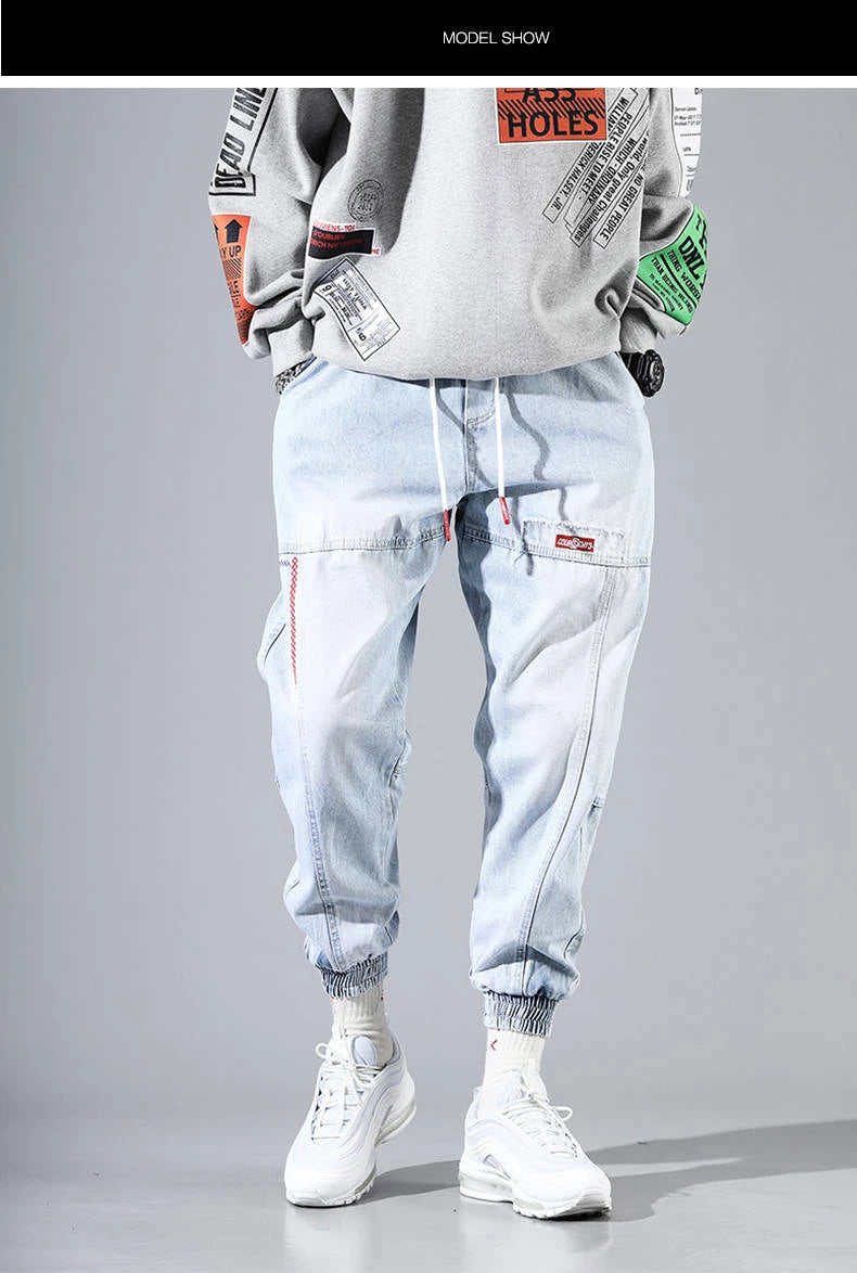 Korean Fashion Ankle Banded Denim Men Jeans Black Gray Cargo Pants for Men Elastic Baggy Harem Pants Streetwear Hip Hop Jeans