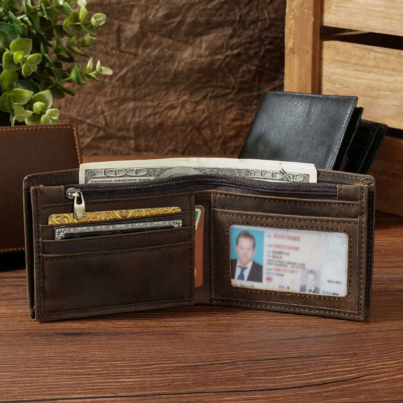 High Quality Hot Sale RFID Blocking Custom Genuine Cow Leather Short Zipper Men Wallet Dark Brown Crazy Horse Leather Wallet