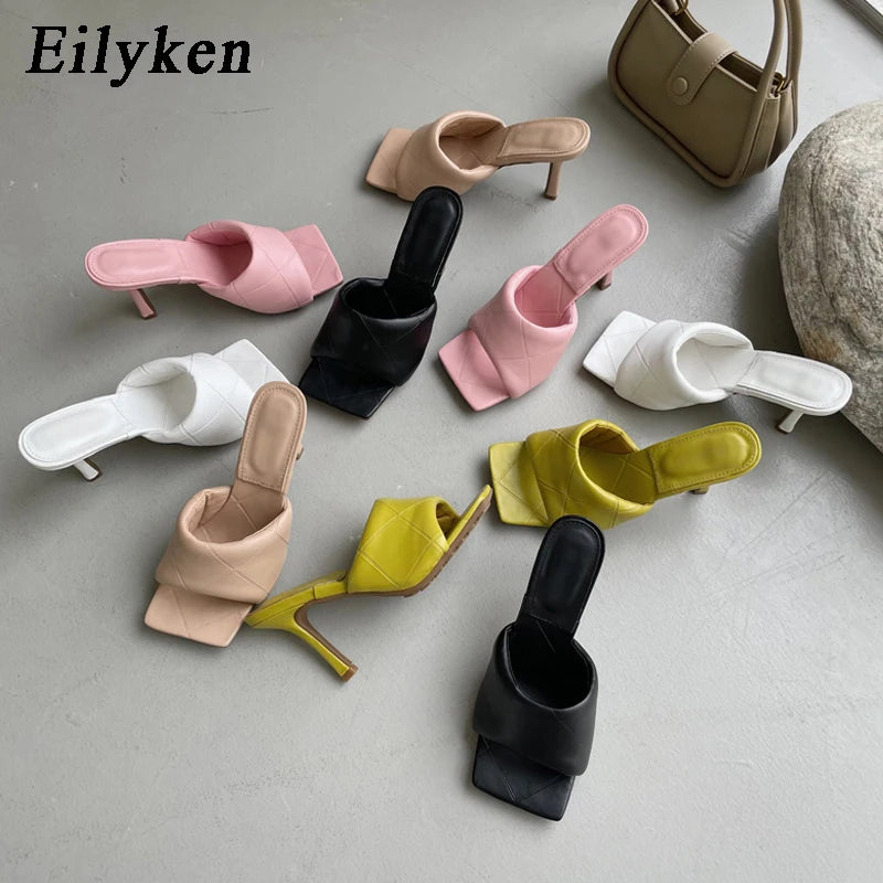 Eilyken Summer New Women Slipper Peep Toe Thin High Heel Sandal Shoes Ladies High Quality PU Leather Slides Pumps