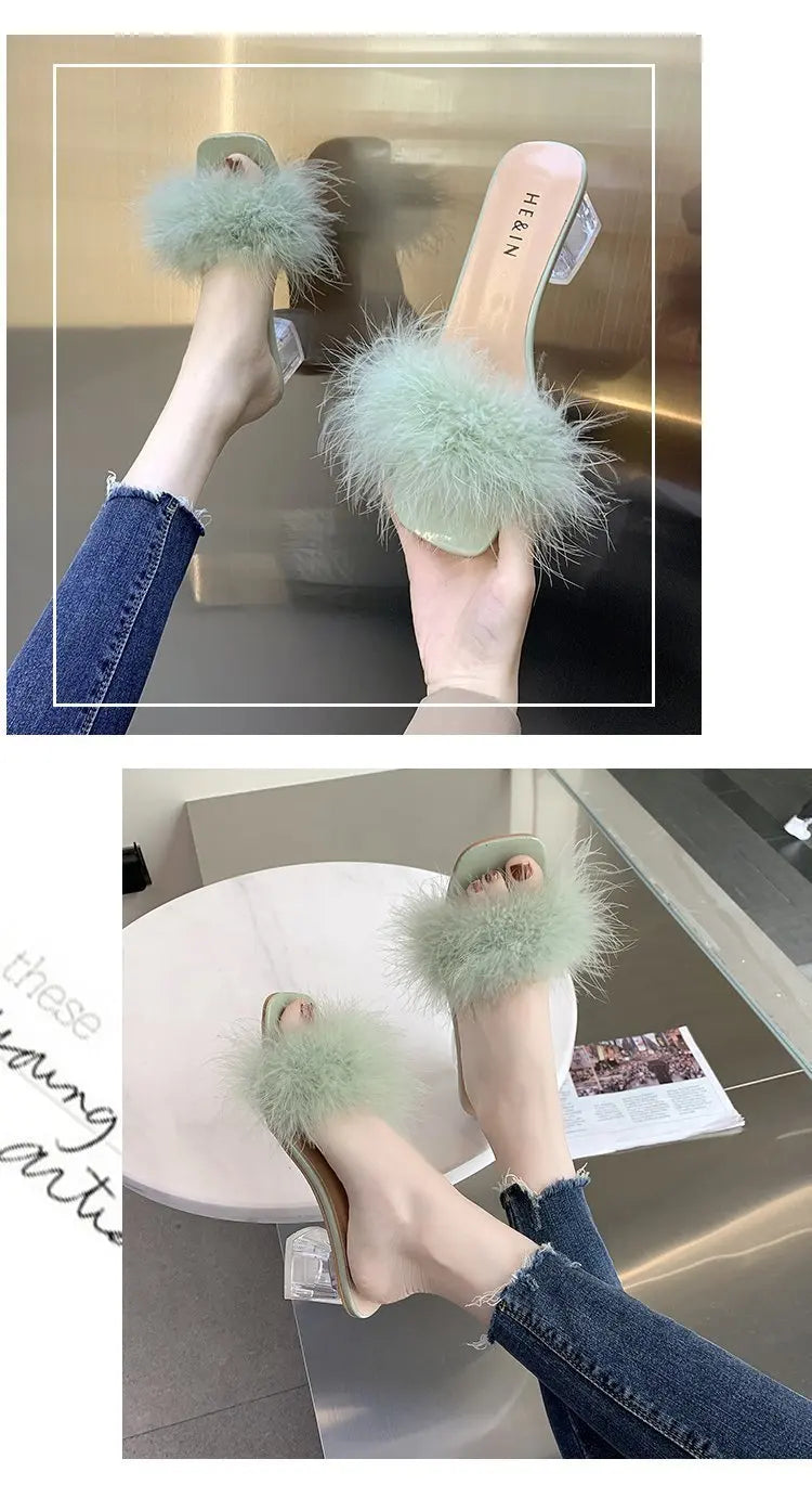 Mules Sandal Women Summer Outdoor Fashion Slippers Square Toe High Heels Office Ladies Feather Slides Chic Classics Furry Shoes