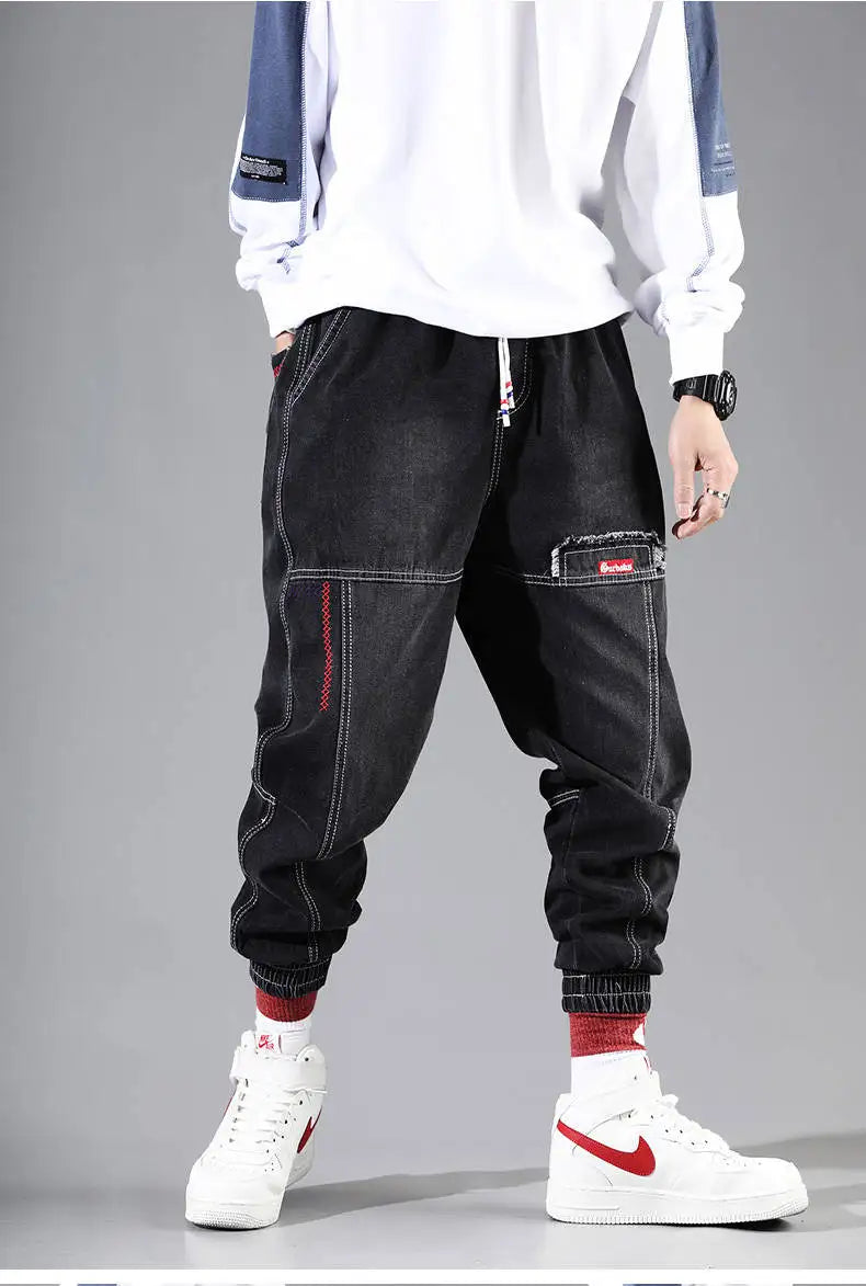 Korean Fashion Ankle Banded Denim Men Jeans Black Gray Cargo Pants for Men Elastic Baggy Harem Pants Streetwear Hip Hop Jeans