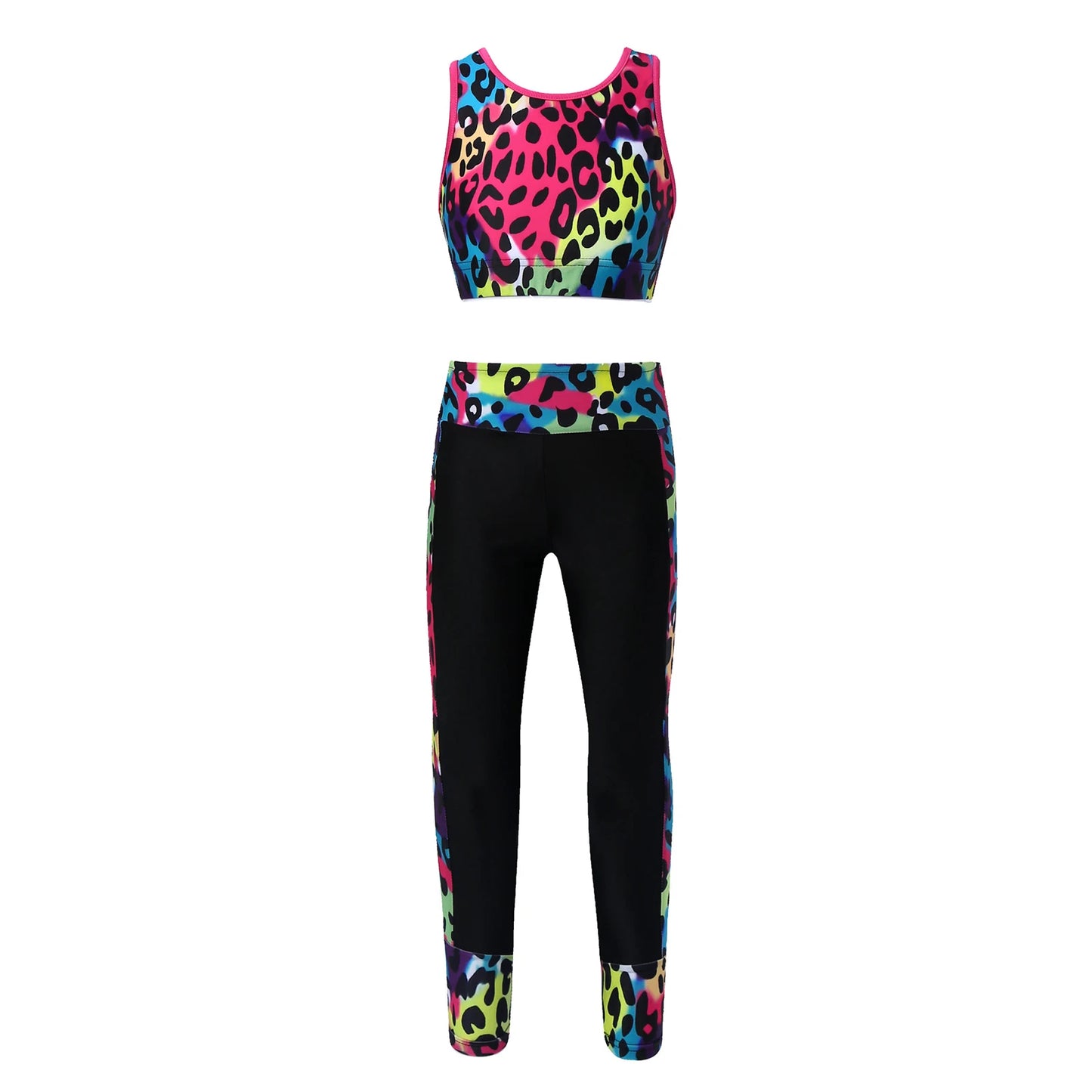 Teenage Girls Sportswear Suits Gymastics Workout Outfits Mesh Racer Back Tanks Crop Top with Leggings for Ballet Dancewear Sets