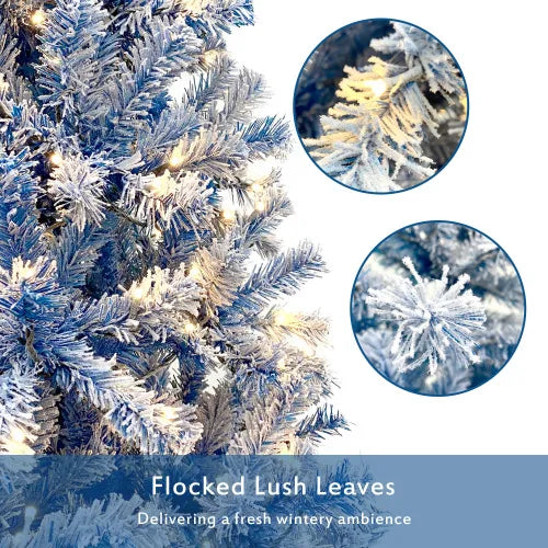 6FT Hinged LED Christmas Tree PET Material Snow Flocked Artificial Holiday Fir Tree with 750 Branches Xmas Ornaments