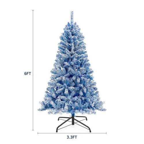 6FT Hinged LED Christmas Tree PET Material Snow Flocked Artificial Holiday Fir Tree with 750 Branches Xmas Ornaments