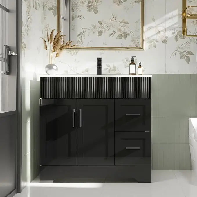 36" Green Bathroom Vanities Combo Set Wave Lines Modern Bathroom Cabinet Vanity Modern Style Bathroom Cabinets for Sale