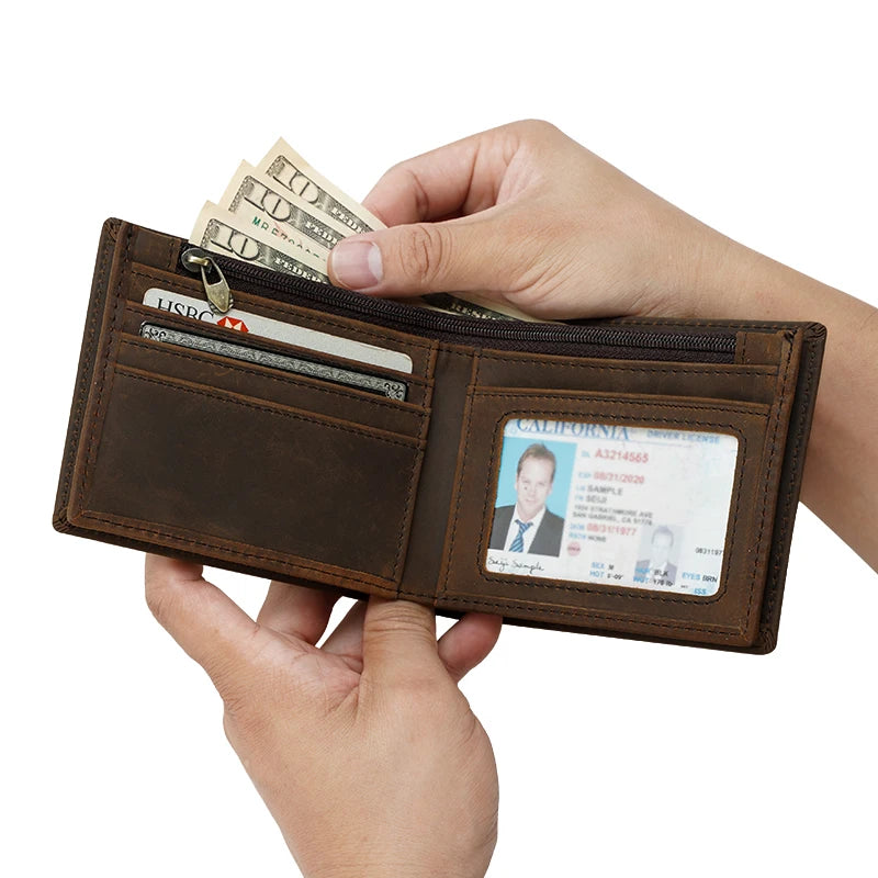 High Quality Hot Sale RFID Blocking Custom Genuine Cow Leather Short Zipper Men Wallet Dark Brown Crazy Horse Leather Wallet