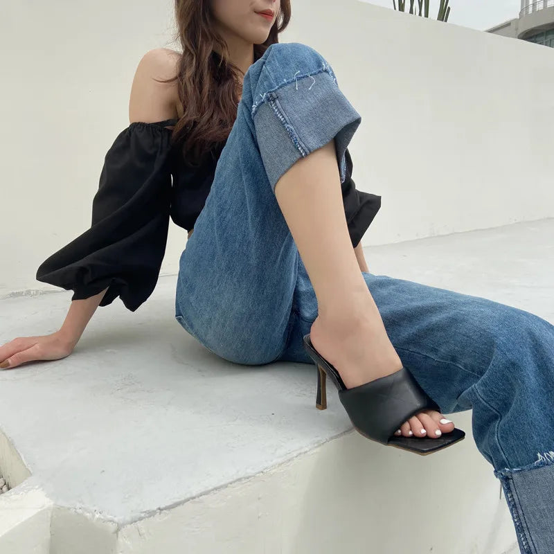 Eilyken Summer New Women Slipper Peep Toe Thin High Heel Sandal Shoes Ladies High Quality PU Leather Slides Pumps