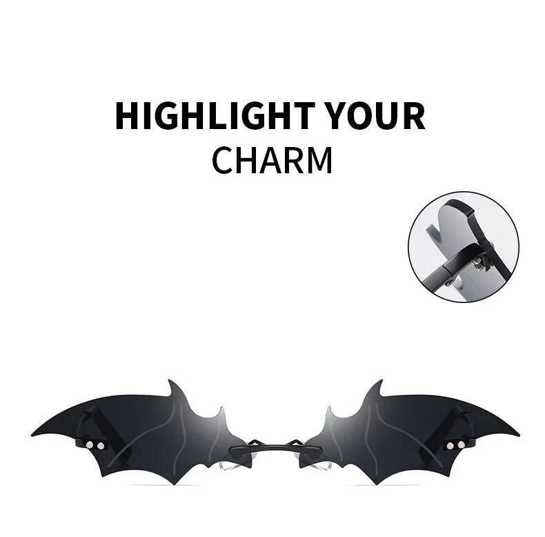 Fashion Rimless Men Sunglasses Women Trendy Bat Shaped Sun Glasses Female Male Vintage Black Mirror Shades Metal Oculos De Sol