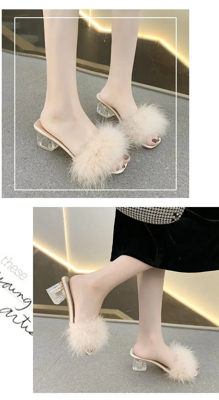 Mules Sandal Women Summer Outdoor Fashion Slippers Square Toe High Heels Office Ladies Feather Slides Chic Classics Furry Shoes