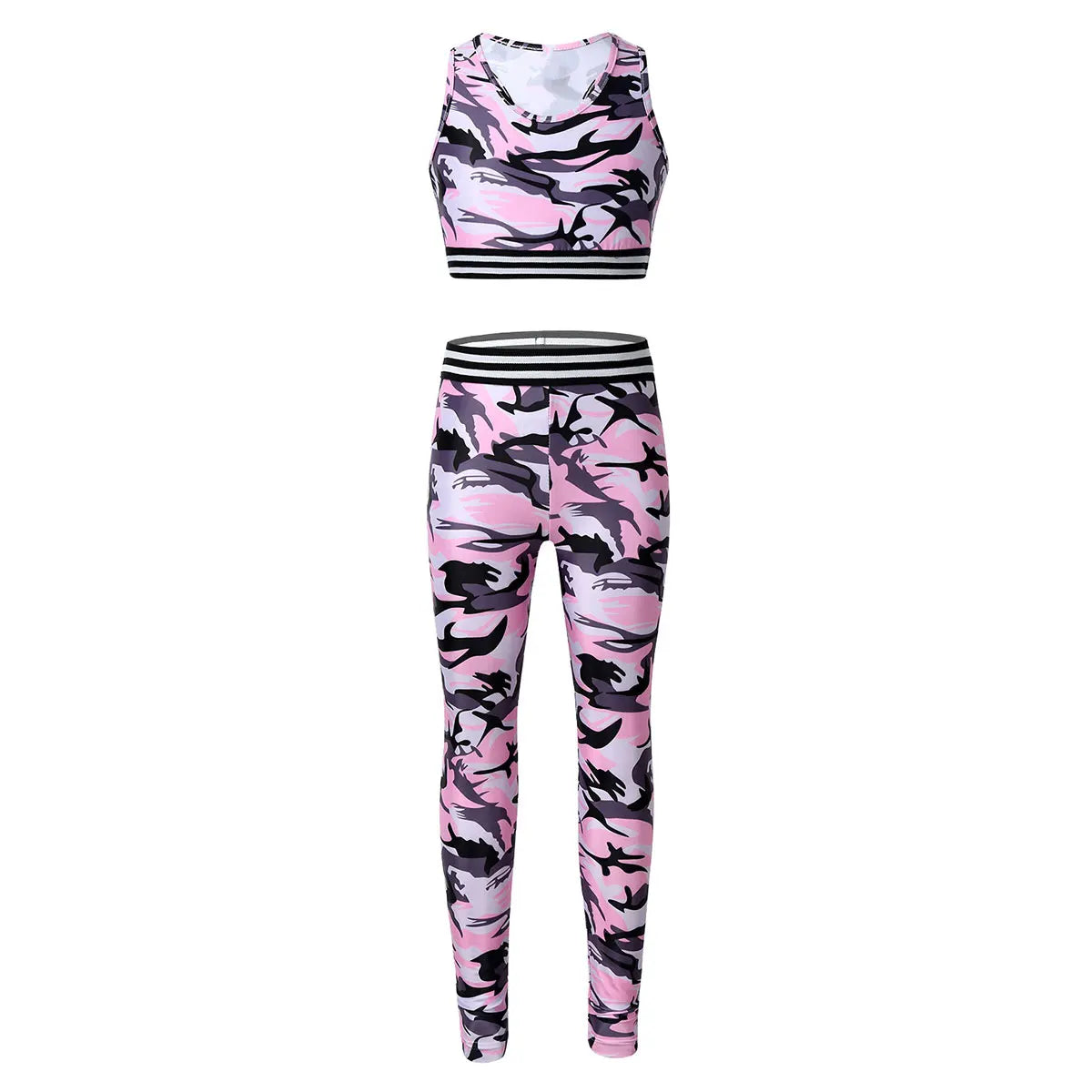 Teenage Girls Sportswear Suits Gymastics Workout Outfits Mesh Racer Back Tanks Crop Top with Leggings for Ballet Dancewear Sets