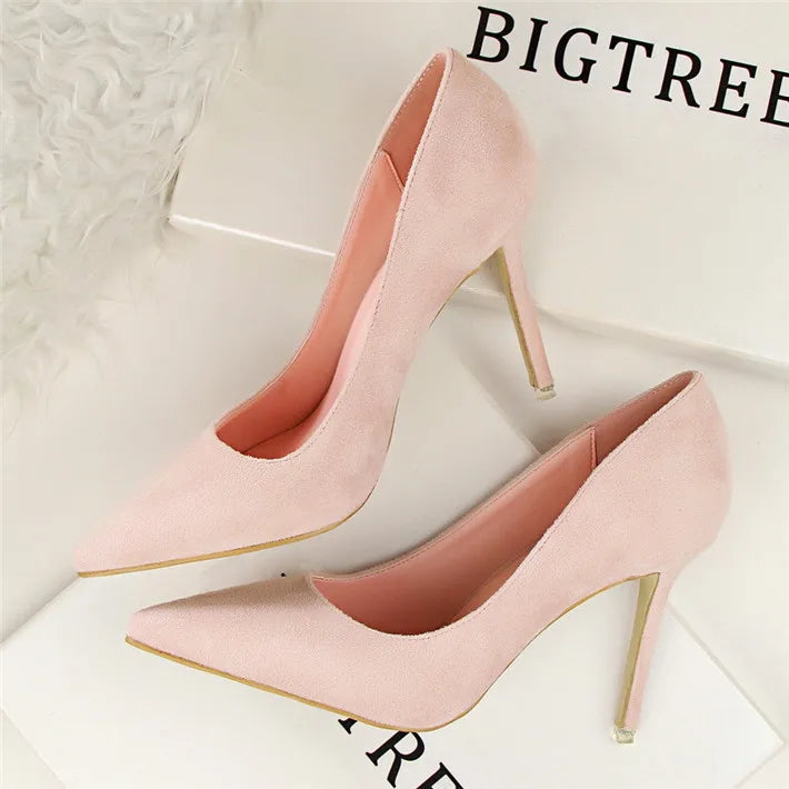 Plus Size 34-43 Woman Concise Office Shoes Fashion Pointed Toe Women Pumps Flock Shallow High Heels Women's Party Shoes 9 Colors