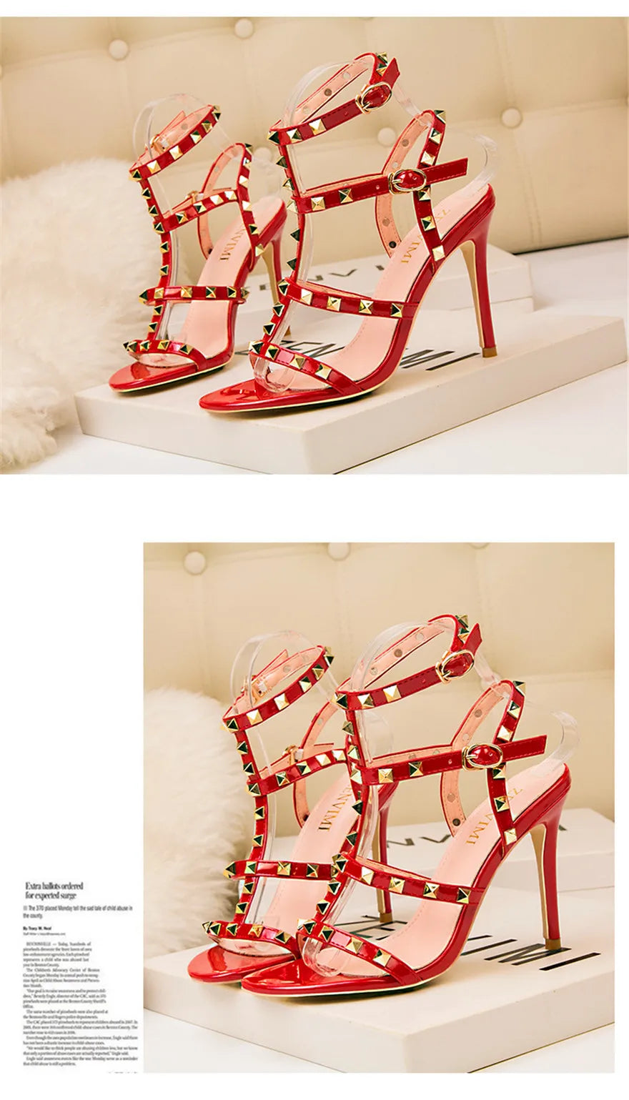 Rome Rivet Double Buckle Women Sandals Open Toe Fashion High Heels Cut-Outs Party Shoes Female Red Wedding Patent Leather Sandal