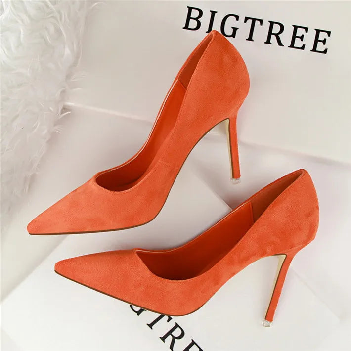Plus Size 34-43 Woman Concise Office Shoes Fashion Pointed Toe Women Pumps Flock Shallow High Heels Women's Party Shoes 9 Colors