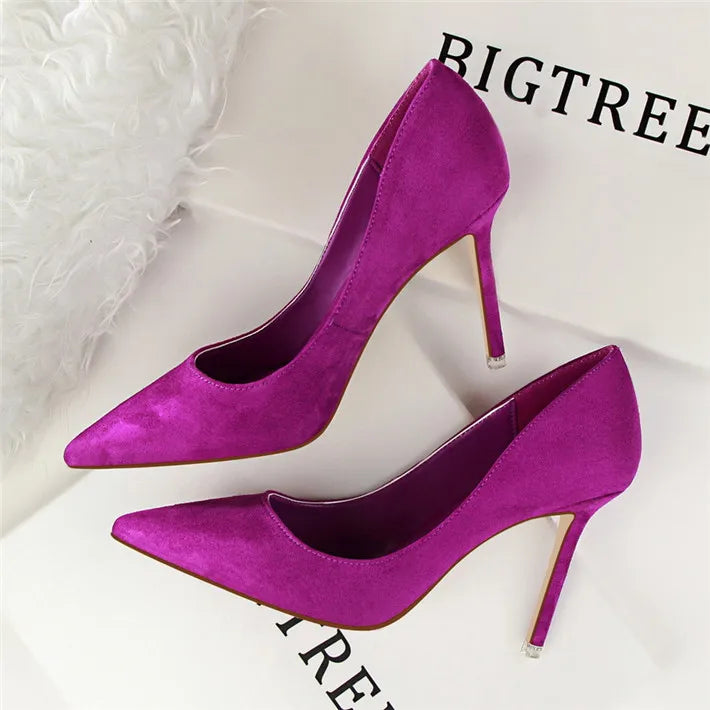 Plus Size 34-43 Woman Concise Office Shoes Fashion Pointed Toe Women Pumps Flock Shallow High Heels Women's Party Shoes 9 Colors