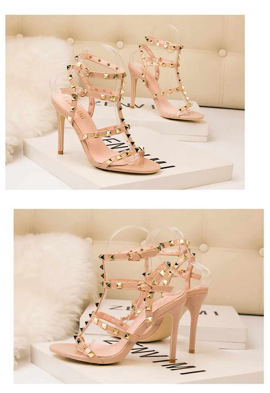 Rome Rivet Double Buckle Women Sandals Open Toe Fashion High Heels Cut-Outs Party Shoes Female Red Wedding Patent Leather Sandal