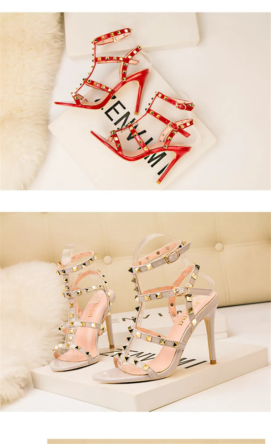 Rome Rivet Double Buckle Women Sandals Open Toe Fashion High Heels Cut-Outs Party Shoes Female Red Wedding Patent Leather Sandal