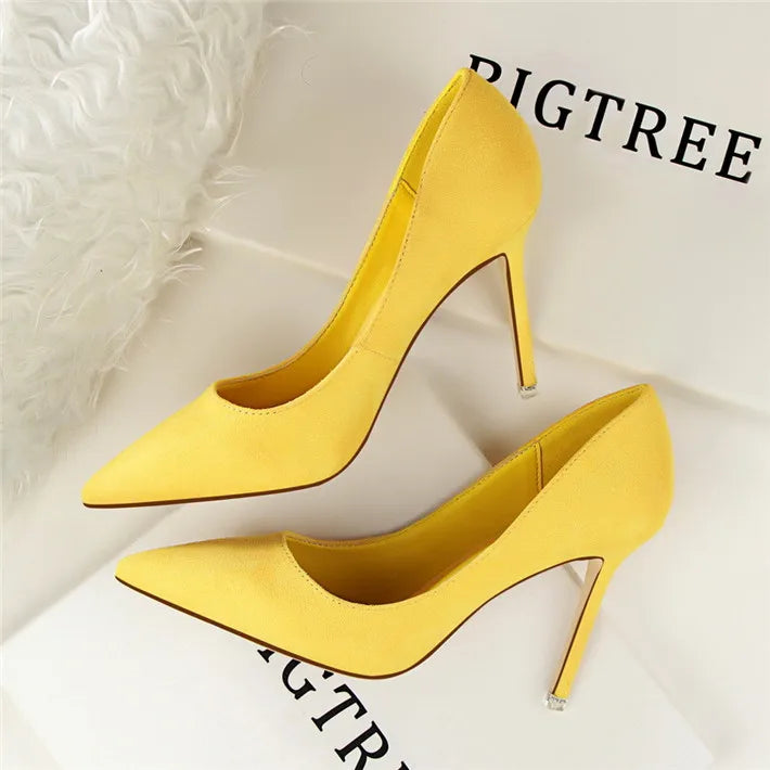 Plus Size 34-43 Woman Concise Office Shoes Fashion Pointed Toe Women Pumps Flock Shallow High Heels Women's Party Shoes 9 Colors