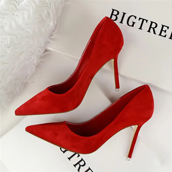 Plus Size 34-43 Woman Concise Office Shoes Fashion Pointed Toe Women Pumps Flock Shallow High Heels Women's Party Shoes 9 Colors