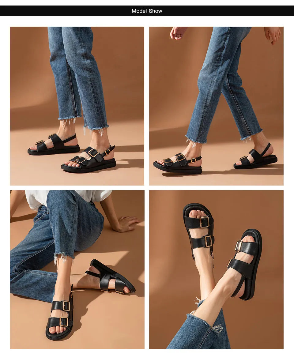 BeauToday Casual Sandals Women Genuine Leather Metal Ankle Buckle Strap Summer Beach Ladies Low Heel Sport Shoes Handmade 38128