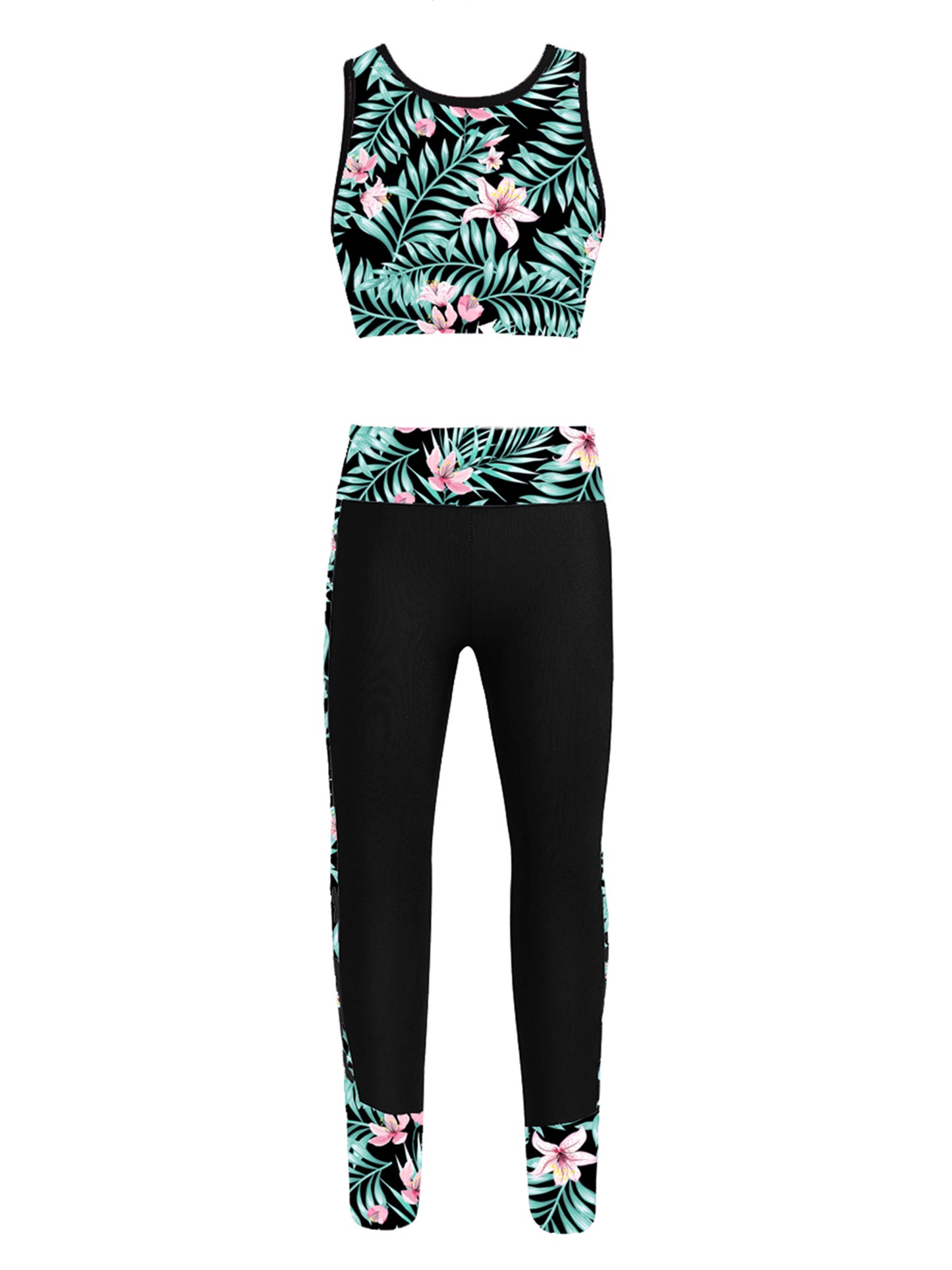 Teenage Girls Sportswear Suits Gymastics Workout Outfits Mesh Racer Back Tanks Crop Top with Leggings for Ballet Dancewear Sets