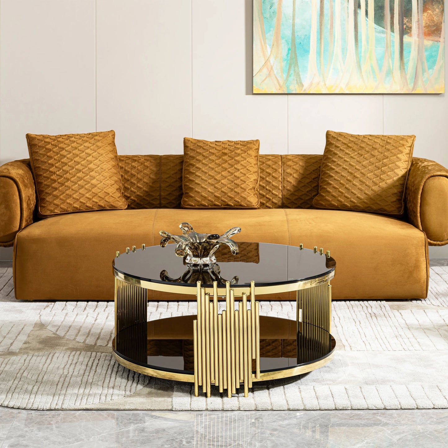 Hotel Luxury Round Shape Glass Top Coffee Table Round for Living Room Black and Gold Home Furniture Stainless Steel Tea Table