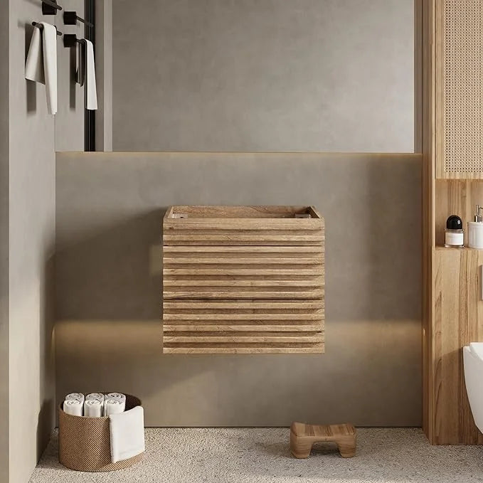 24" 30" 36" Mid-Century Wall Mounted Big Drawer Cabinet Wood Stripes Style Floating Bathroom Vanity with Ceramic Sink
