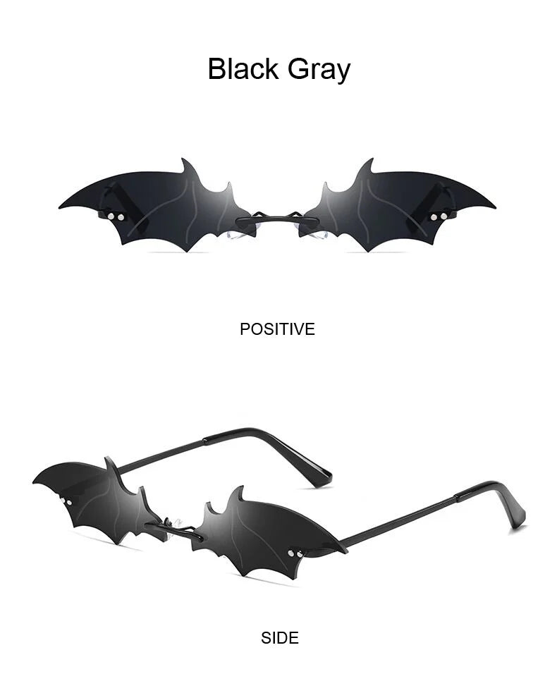Fashion Rimless Men Sunglasses Women Trendy Bat Shaped Sun Glasses Female Male Vintage Black Mirror Shades Metal Oculos De Sol