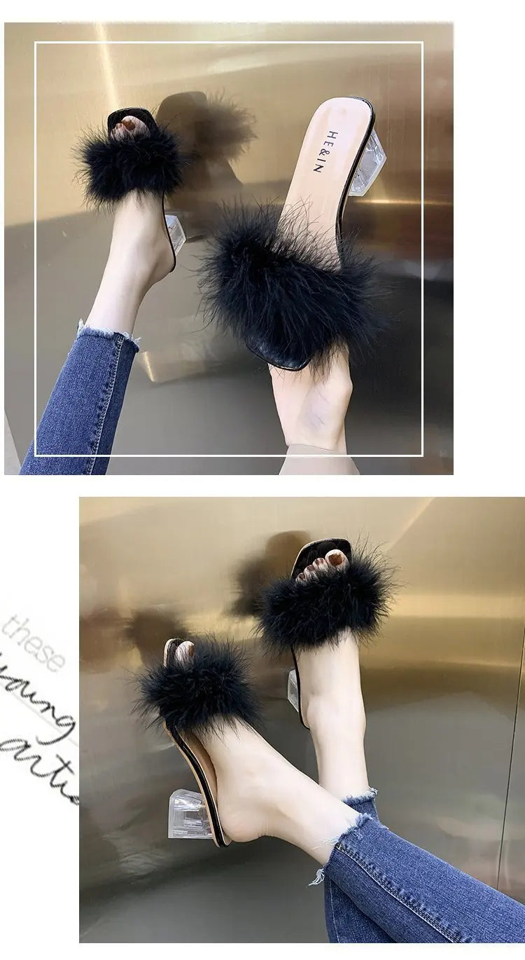 Mules Sandal Women Summer Outdoor Fashion Slippers Square Toe High Heels Office Ladies Feather Slides Chic Classics Furry Shoes